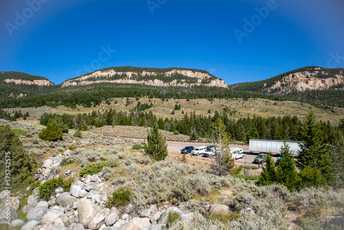 Bighorn National Forrest in Wyoming on highway 16 with Limber Pine (Pinus flexilis) growing in the rocky cliffs photo