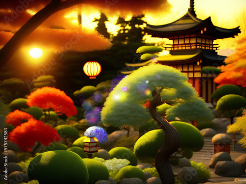 Lantern lit Japanese garden generative ai