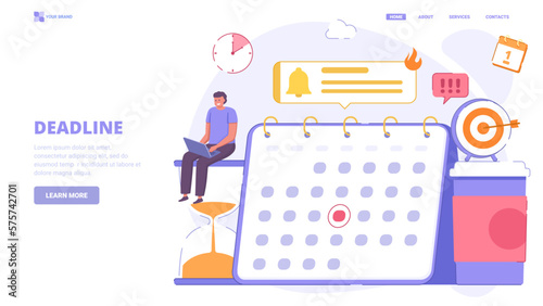 Deadline,desk calendar, hourglass, coffee, time management, manager pressure at workplace, time planing, working overtime. Flat design concept for landing page.Vector illustration with tiny characters