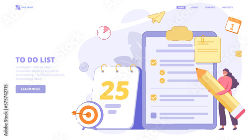 To do list application, list of tasks online, to do reminder app, checklist, successful business plan tasks. Flat design concept for landing page. Vector illustration with tiny characters.