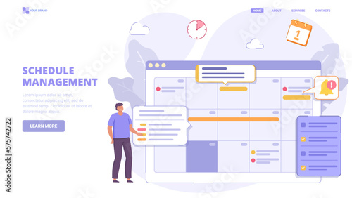 Schedule management, list of tasks online, to do reminder app, checklist, calendar application. Flat design concept for landing page. Vector illustration with tiny characters.