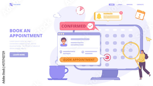 Book an appointment online, schedule meeting on the calendar selecting the date. Flat design concept for landing page. Vector illustration with tiny characters. photo