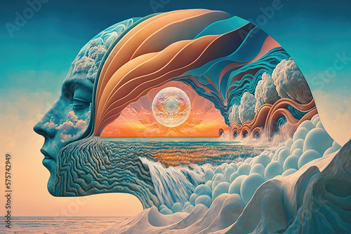 Psychic waves, wellness and experimentation, escapism illustration. Generative AI.
