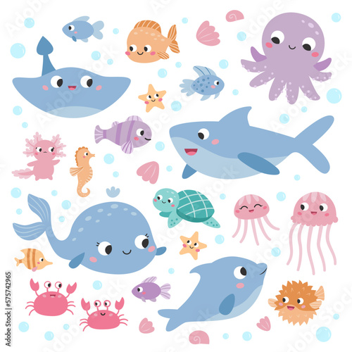 Sea animals set. Flat cartoon characters. Cute ocean fish, shark, octopus, turtle, jellyfish, dolphin, crab, starfish, seahorse and stingray. Underwater wildlife. Vector illustration.