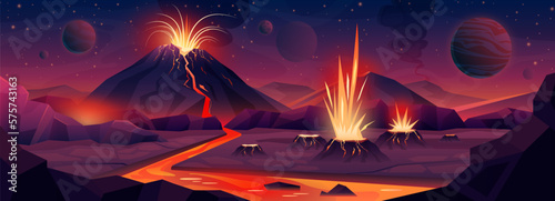 Eruption of golden magma and lava from volcano in alien landscape vector illustration. Cartoon fantasy exploding of plasma and fire in outer space, planet with volcanic mountains on cosmic background