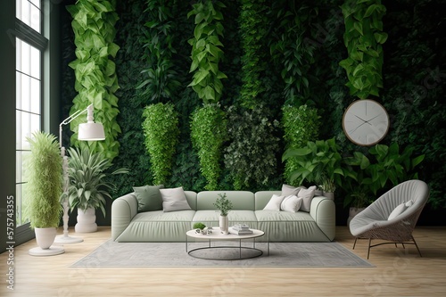 Green Living Room: Armchair, Sofa, Garden, Parquet. Photo generative AI