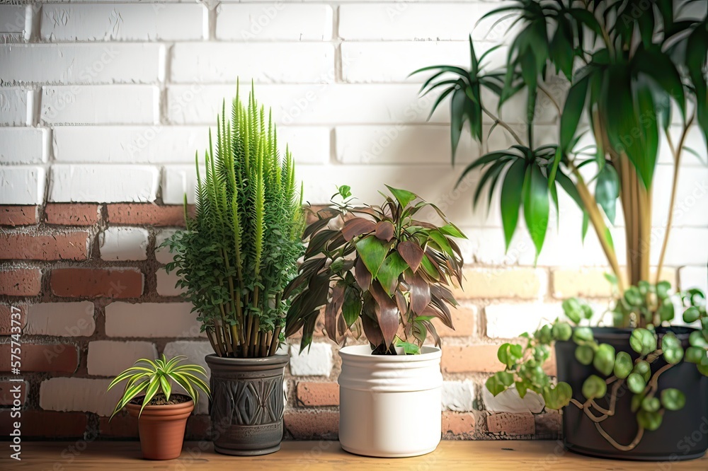 Fototapeta premium Table with potted houseplants against brick wall. Photo generative AI