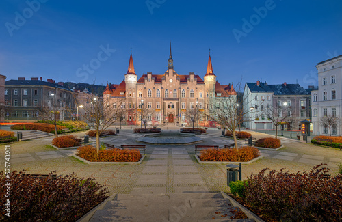 Evening panorama of the Town Hall in Wałbrzych, Poland