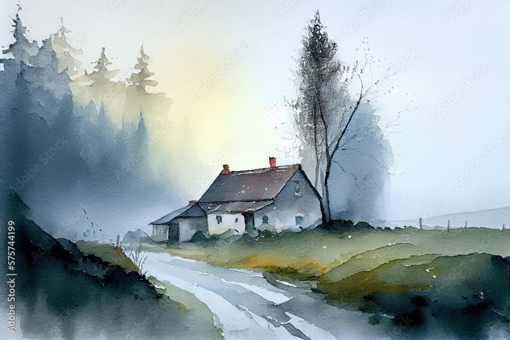 Small village house by the road on a foggy morning. Watercolor landscape. Generative AI.
