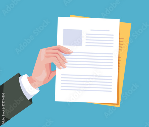 Hand businessman hand arm  hold document paper agreement isolated on white background. Graphic design vector illustration