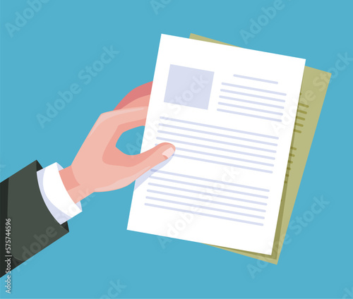 Hand businessman hand arm  hold document paper agreement isolated on white background. Graphic design vector illustration