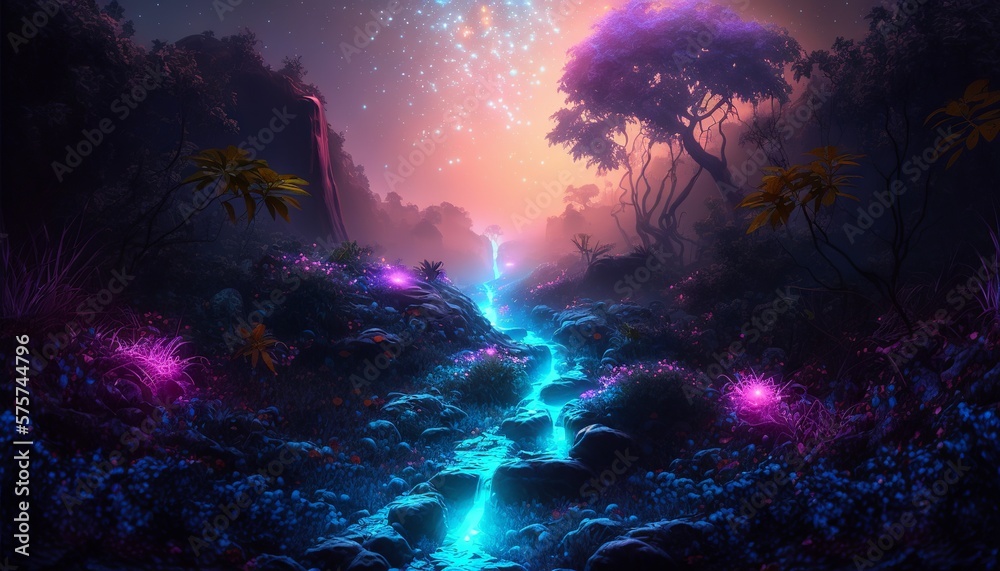 Fantasy alien landscape. Fantasy forest. Generative AI