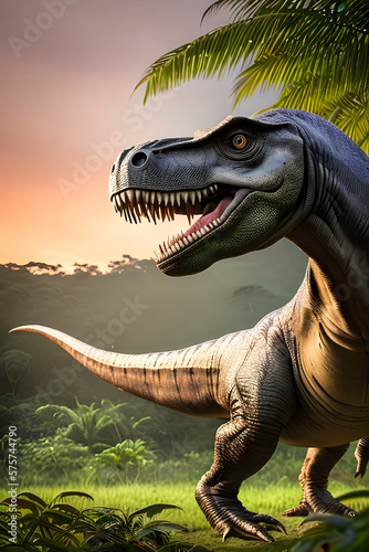 T-rex dinosaur predator in jungle , prehistoric monster animal.Generative AI © Vieriu