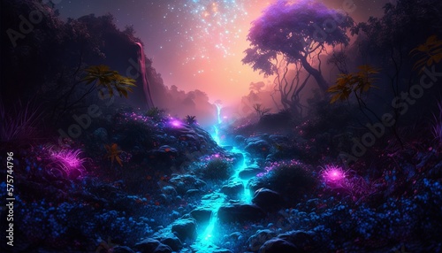 Fantasy alien landscape. Fantasy forest. Generative AI © LAYHONG
