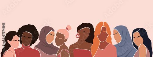 Abstract poster with different women. Beautiful females together force, hug. Vector graphics for postcards, flyers.