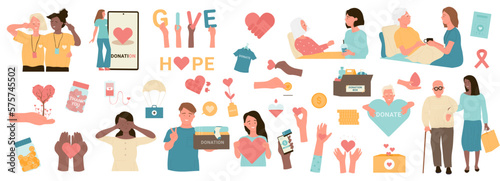 Charity set vector illustration. Cartoon social awareness and help collection, people donate money and humanitarian aid, give support and care, volunteers work in nonprofit company with altruism photo