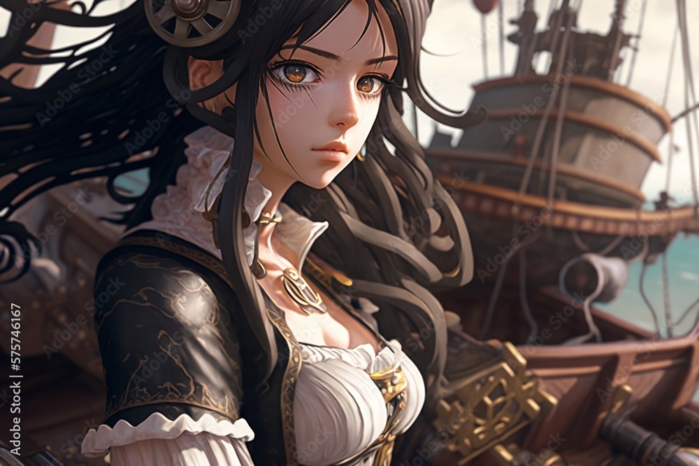 beautiful Pirate with brown eyes and black hair sitting on her ship ...