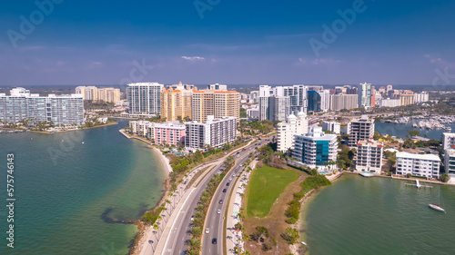Panorama of City Sarasota FL. Beautiful beaches in Florida. Spring or summer vacations in Florida. Beautiful View on Hotels and Resorts on Island. America USA. Gulf of Mexico. Aerial travels photo. © artiom.photo