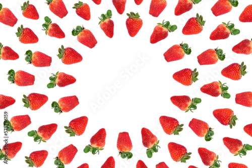 Strawberry on white background, top view. Berries pattern, flat lay. Frame made of fresh strawberry on white background. Creative food concept