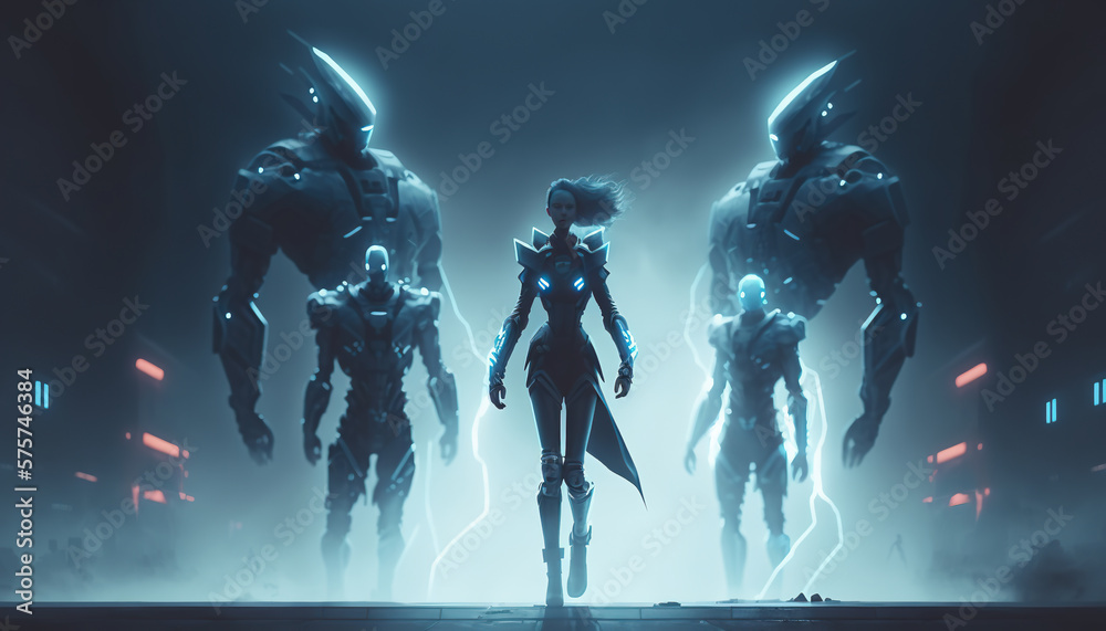 Fototapeta premium cyberpunk, team of heroes fighting invasion