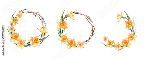 Narcissus flowers in a floral watercolor wreath on a white background. Set of round frames with free space for text