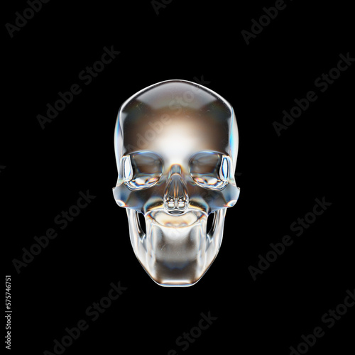 glass skull, crystal skull, black background illustration, front view