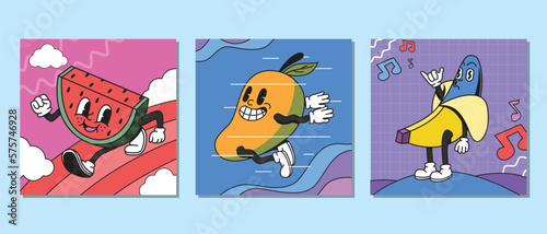 retro background fruit character groovy style