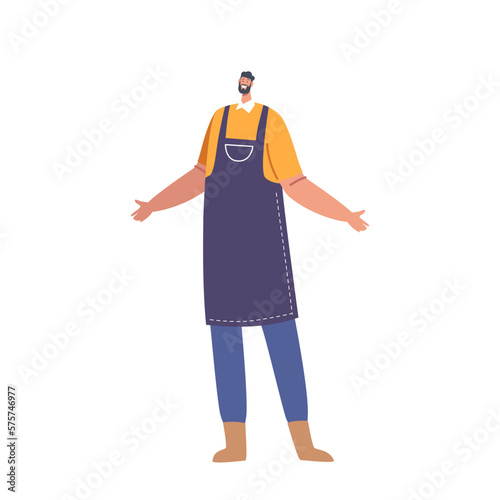 Man Vendor Wearing Apron Symbolizing Small Business Ownership And Sales. Male Character in Salesman Uniform