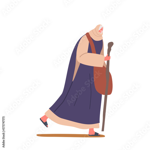 Ancient Israelite Woman Walks With Staff. Female Character Dressed In Traditional Clothing with Covered Head Carries Bag
