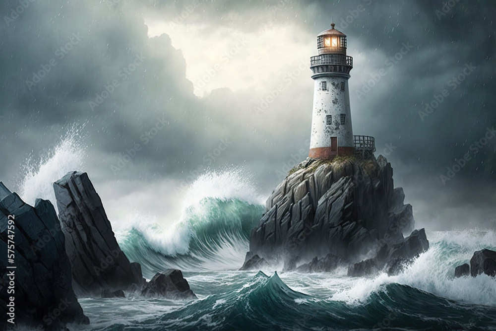 A solitary lighthouse standing tall on a rocky cliff, with crashing waves and stormy skies in the background, giving a sense of rugged beauty and isolation, National geographic, sea, ocean, storm, 