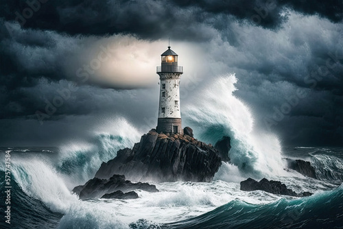 A solitary lighthouse standing tall on a rocky cliff, with crashing waves and stormy skies in the background, giving a sense of rugged beauty and isolation, National geographic, sea, ocean, storm, 