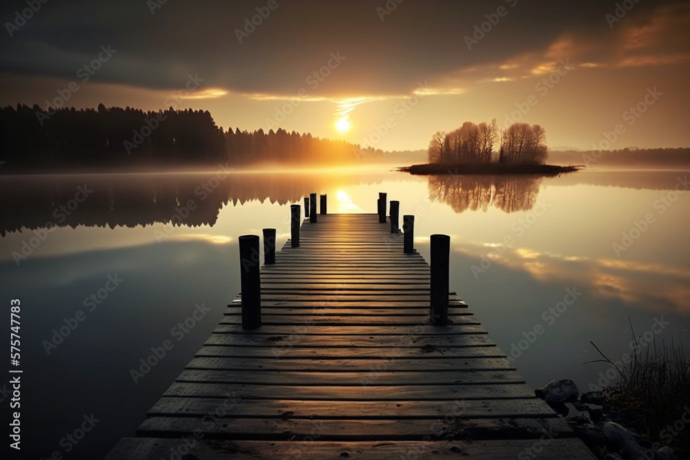 Peaceful sunrise in the lake with jetty generative AI - obrazy, fototapety, plakaty 