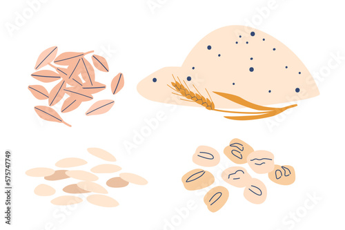 Cereal Grain Piles Isolated on White Background. Agricultural Production, Food Or Rustic Natural Plant, Product Heaps