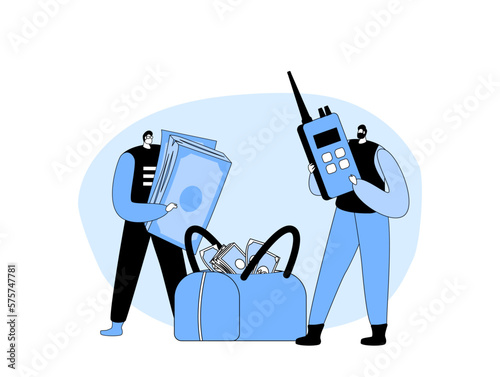 Banking, Armed Cash-in-transit Guard or Collector Characters with Money Bag Speaking by Walkie-Talkie. Bank Convoy