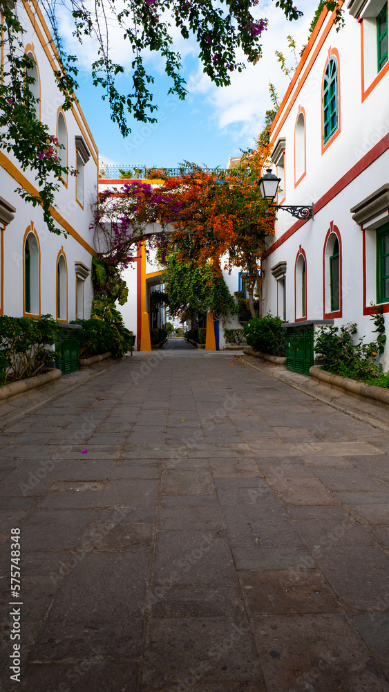 A narrow street full of colorful flowers. Puerto de Mogán 