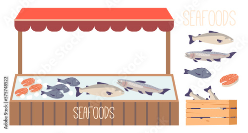Outdoor Food Market Stall Filled With Fresh Fish And Seafood Arranged On Ice. Sustainable Fishing, Or Local Cuisine