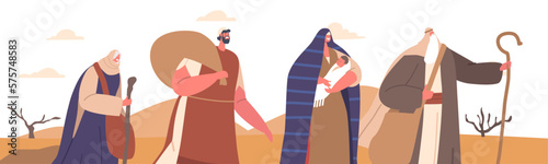Moses Character Guides Israelites Through Desert Background With Sand Dunes. Man With Raised Staff In Hand Guides People