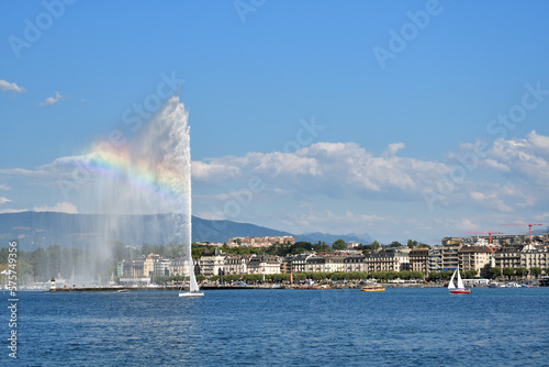 Switzerland, Geneva. A rainbow over the Jet d'Eau (Water-Jet) on Lake Geneva. August 16, 2022.