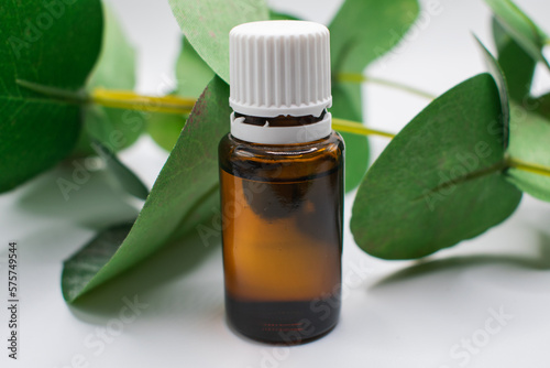 Eucalyptus essential oil in a glass bottle surrounded by eucalyptus leaves
