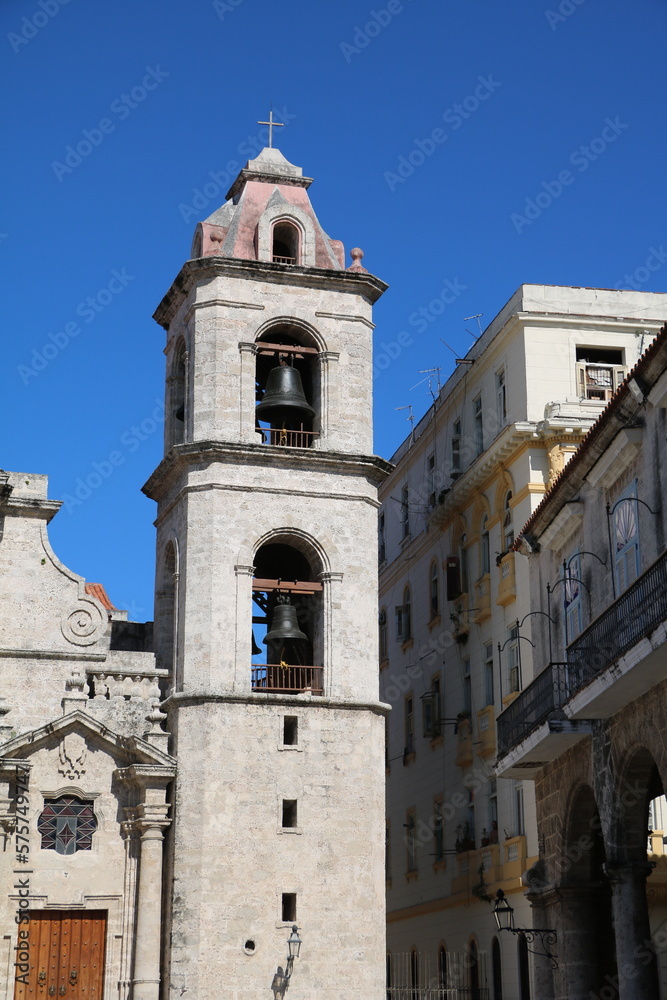 Tower of Cathedral of San Cristóbal at Plaza de la Catedral in Havana, Cuba Caribbean