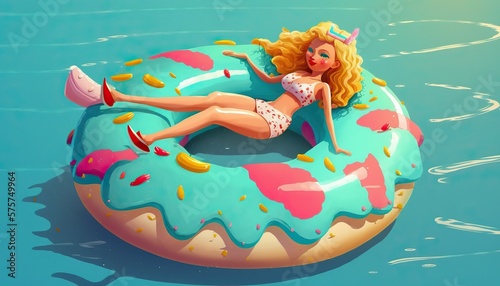 Girl sunbathing on a giant inflatable donut in a swimming pool. Generative AI