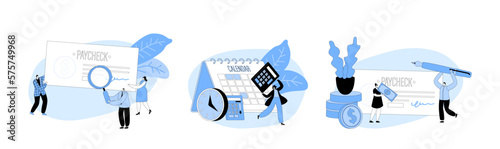 People Receive and Signing Paycheck. Tiny Male Female Characters with Huge Quill Pen, Magnifying Glass and Cheque
