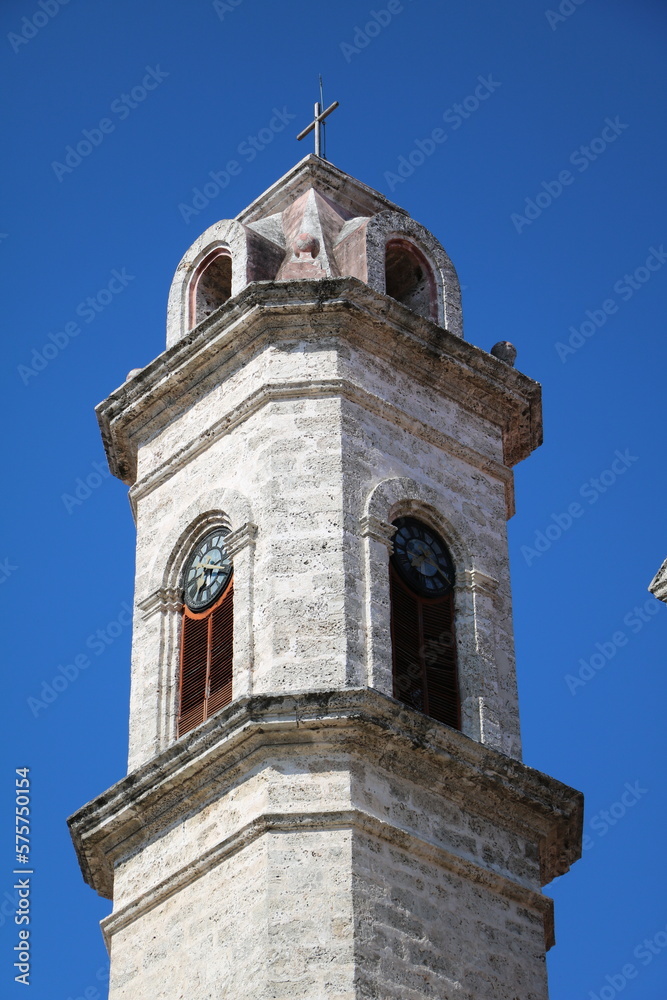 Clock Tower of Cathedral of San Cristóbal in Havana, Cuba Caribbean