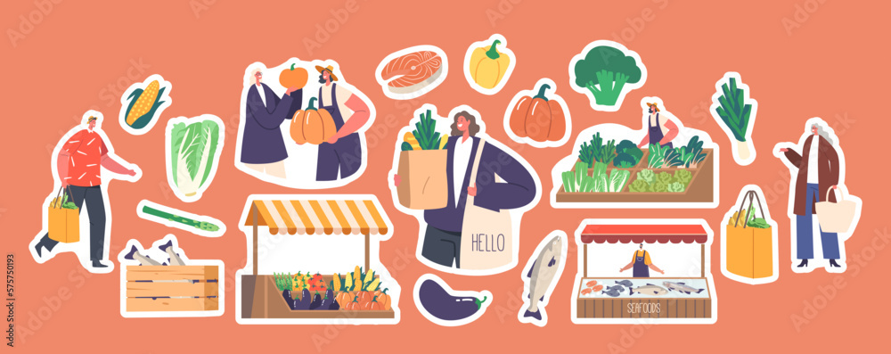 Set of Stickers Happy Shopper Characters, Smiling Man and Women Carrying Shopping Bags, Filled With Purchases