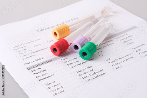 Form for filling out a blood test with test tubes for taking blood