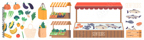 Set of Food Market Stalls Displaying Fresh Products And Goods. Outdoor Setting With Vendors Booths Vector Illustration