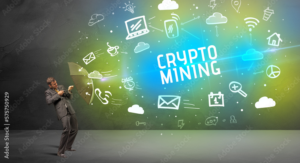 Businessman defending with umbrella, modern technology concept Businessman defending with umbrella, modern technology concept