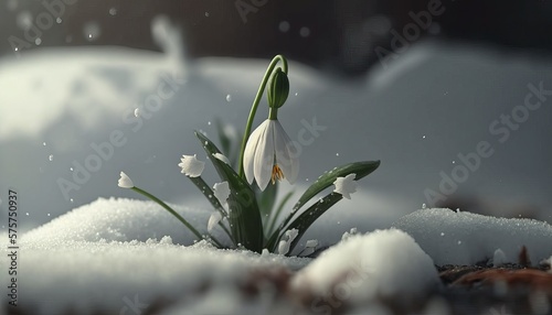 Snowdrops in early spring and snow. Generative AI