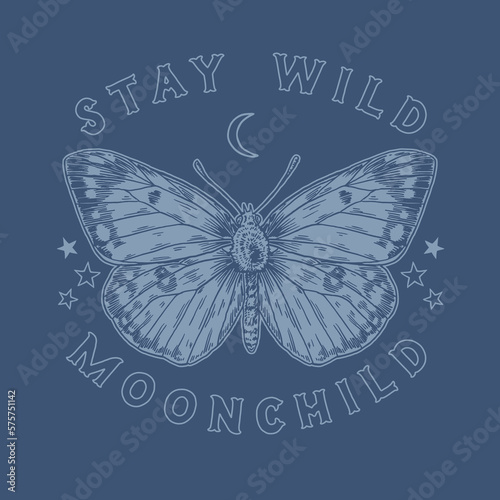 HAND DRAWN MOTH MOON WITCHY STAR NIGHT VINTAGE TSHIRT TEE PRINT FOR APPAREL MERCHANDISE