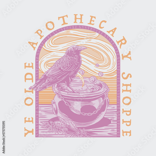 HAND DRAWN APOTHECARY WITCH RAVEN CROW POTION VINTAGE TSHIRT TEE PRINT FOR APPAREL MERCHANDISE